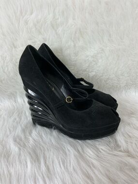YSL Yves Saint Laurent Black Suede Robyn Winged Molded Wedge Pumps 39.5 US 9.5
